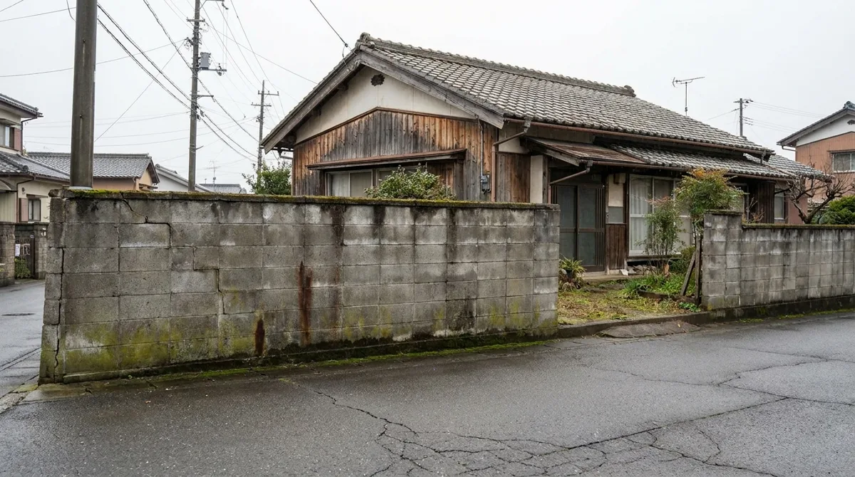 道路に面した古いコンクリートブロック塀
