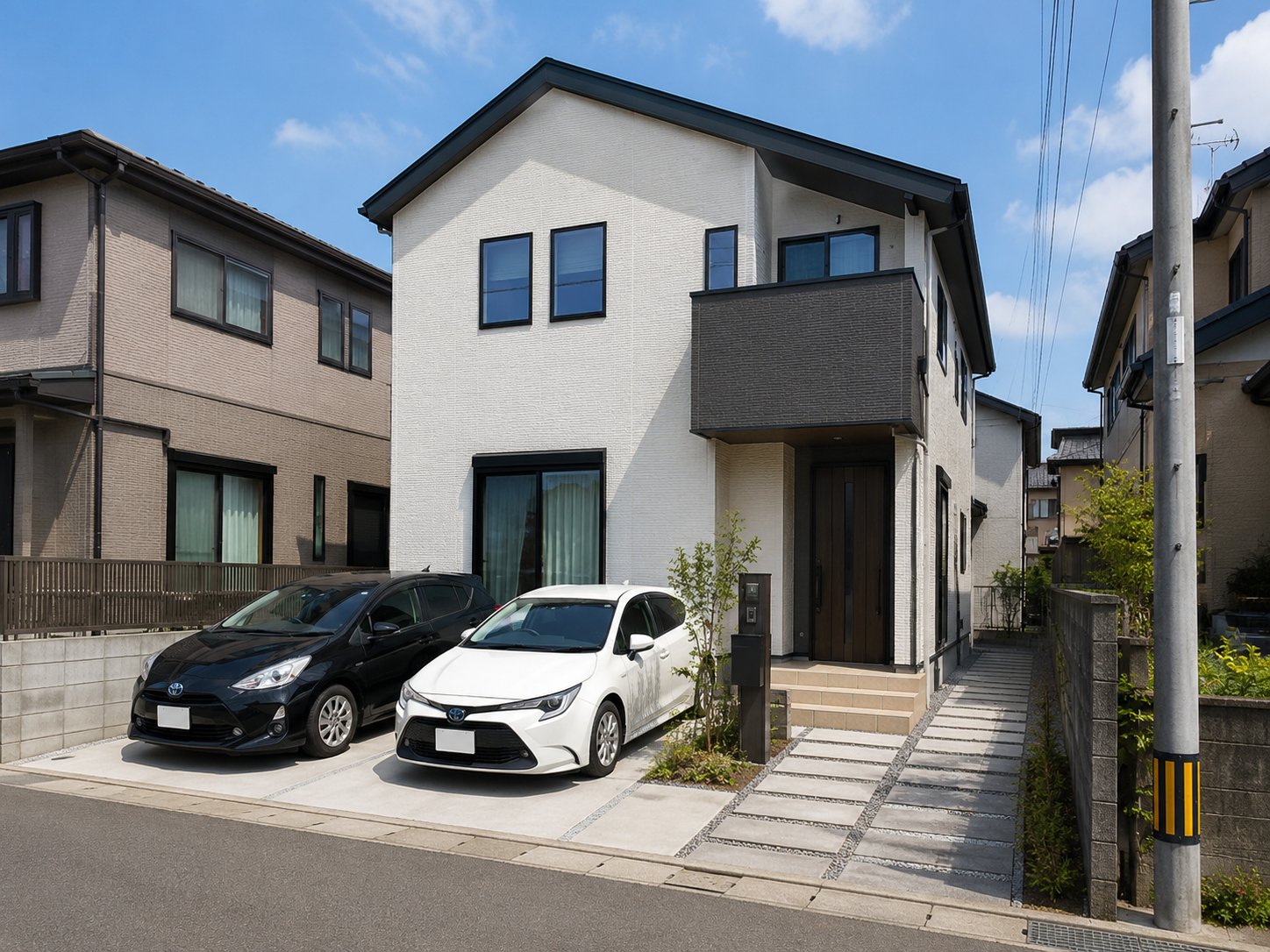 三重の新築住宅における広めの駐車場設計と玄関への動線例