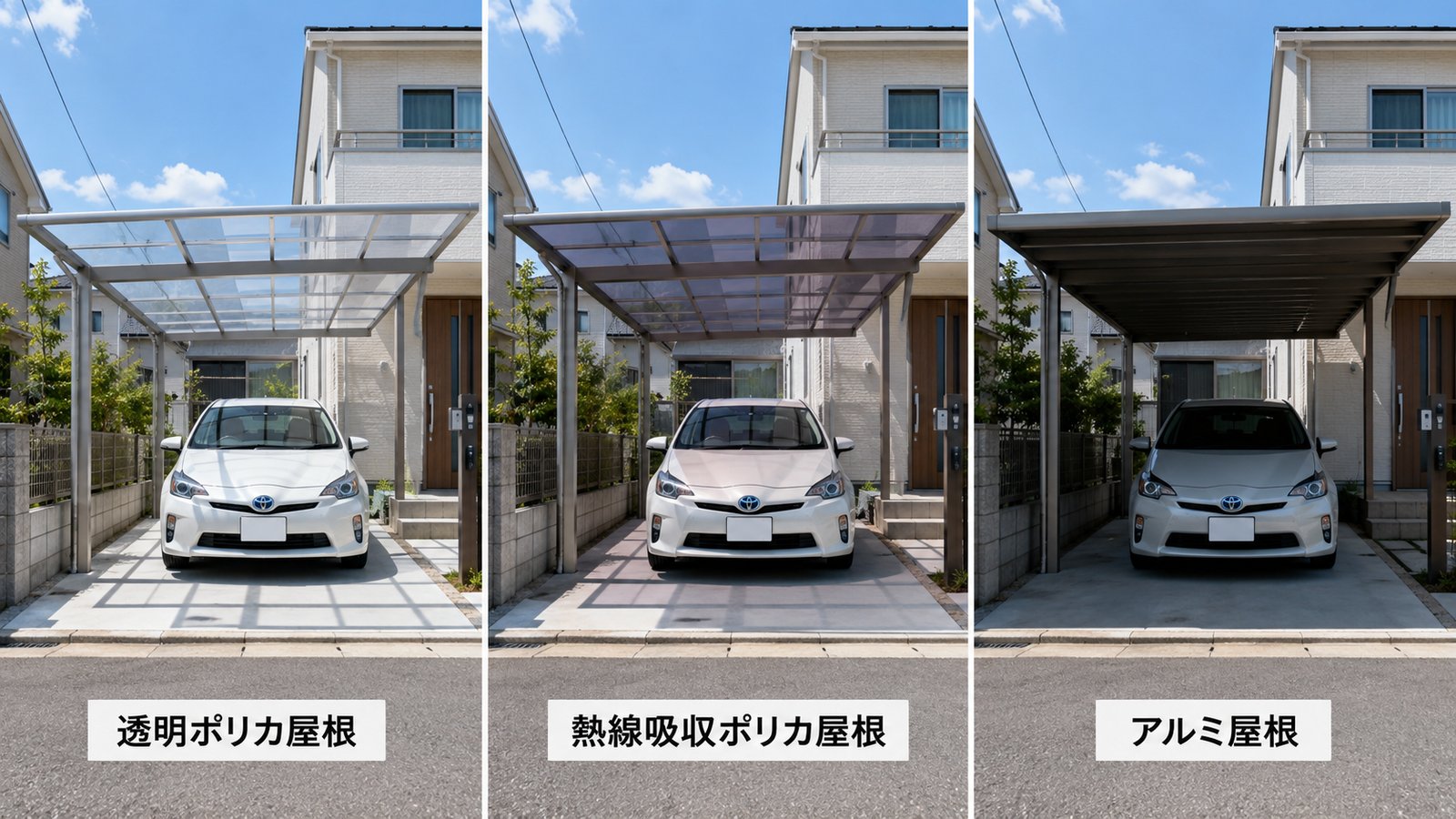 カーポート屋根材3種類の比較：透明ポリカーボネート・熱線吸収ポリカーボネート・アルミ屋根（三重・近畿の外構カーポート選び）
