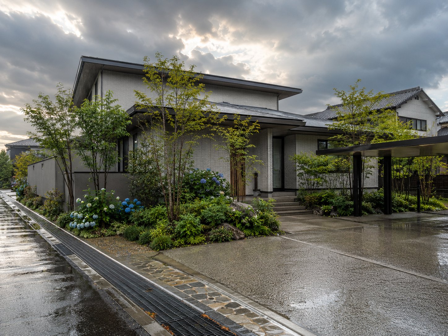 多雨エリアの外構施工例：透水性舗装・広い側溝・雨に強い植栽（東紀州・奈良南部・和歌山紀南山間）