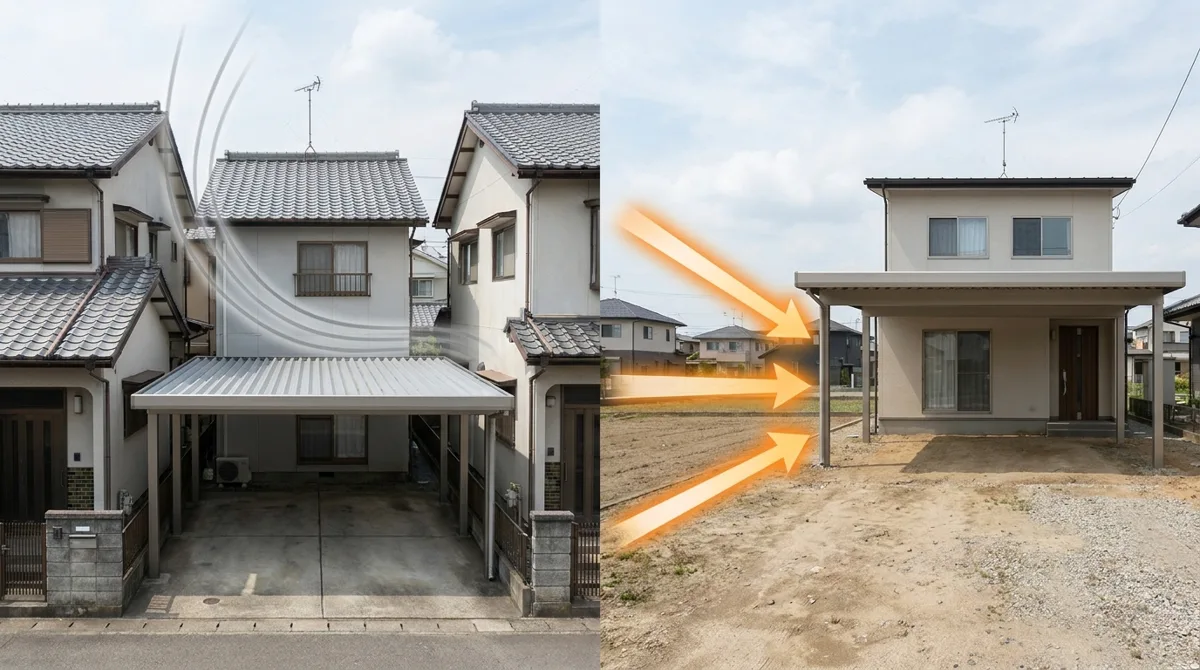 三重県の開けた敷地でカーポートに風が直接当たる状況の比較
