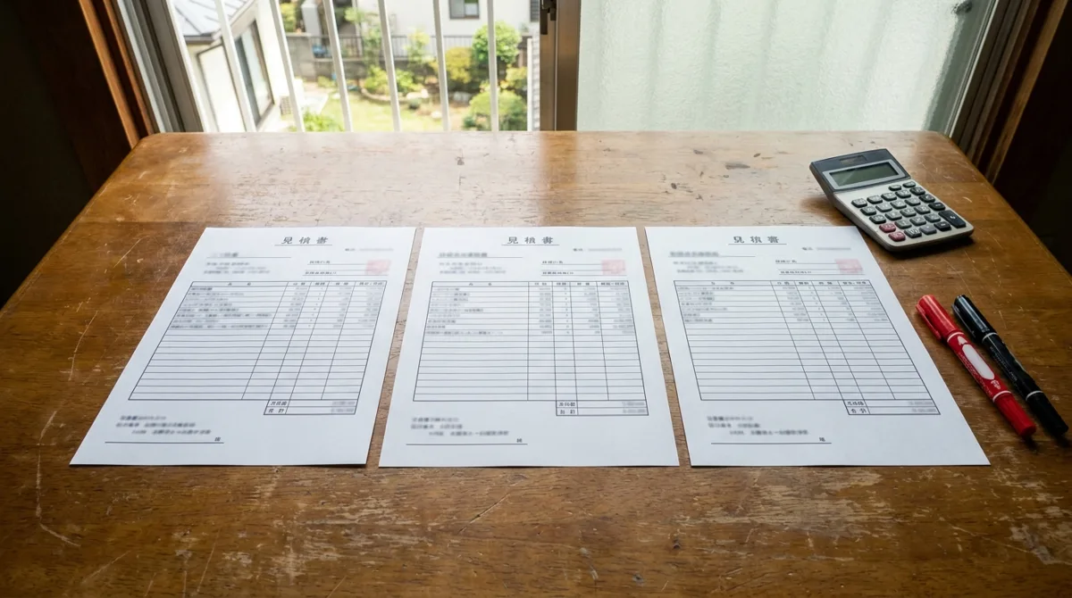 三重県の住宅で外構工事の相見積もり3社分を並べて比較している様子