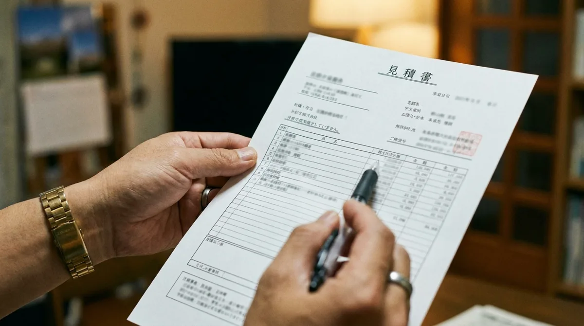 外構見積書の数量・単価・仕様の内訳をペンで指して確認する手元