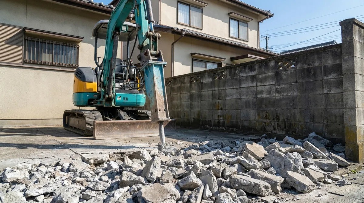 外構工事で既存の土間コンクリートをはつり・解体している現場のイメージ
