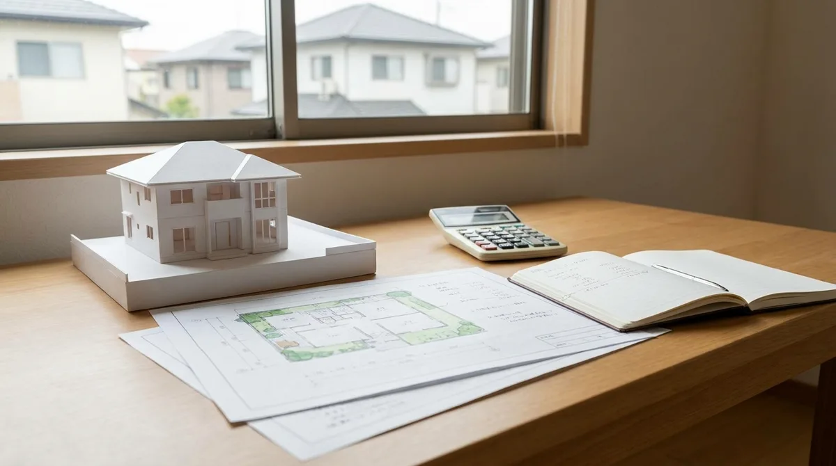 住宅模型と図面で資金計画を考えるイメージ
