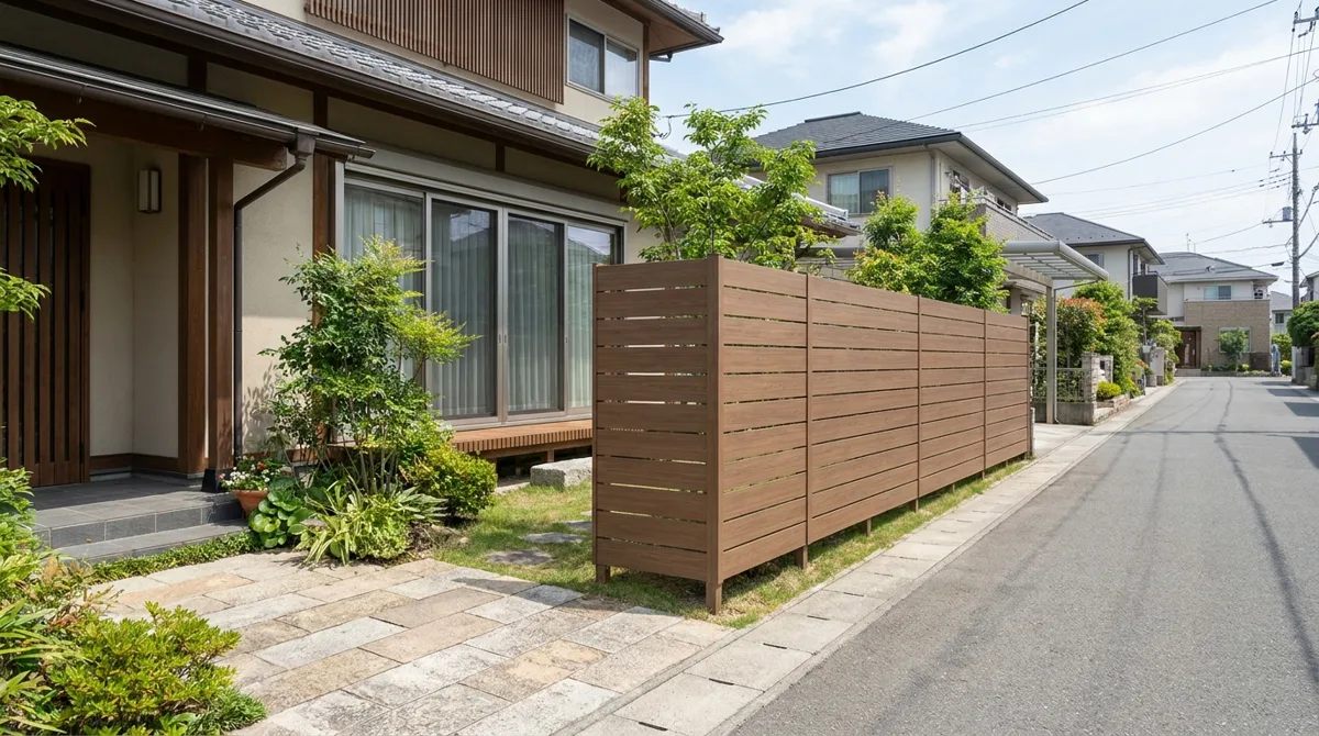 木調の目隠しフェンスを設置した日本の住宅イメージ