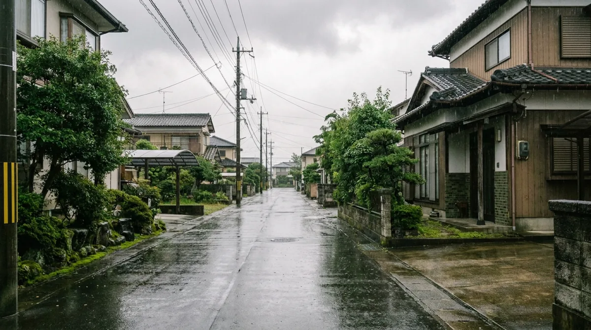雨の日の日本の住宅街のイメージ（梅雨時期の工期への影響）
