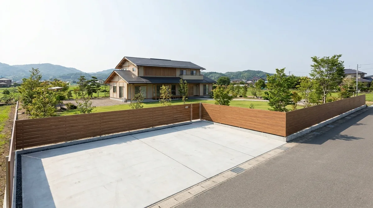 三重県の郊外にある広い敷地の住宅で土間コンクリートの駐車場と長い目隠しフェンスが完成した外構