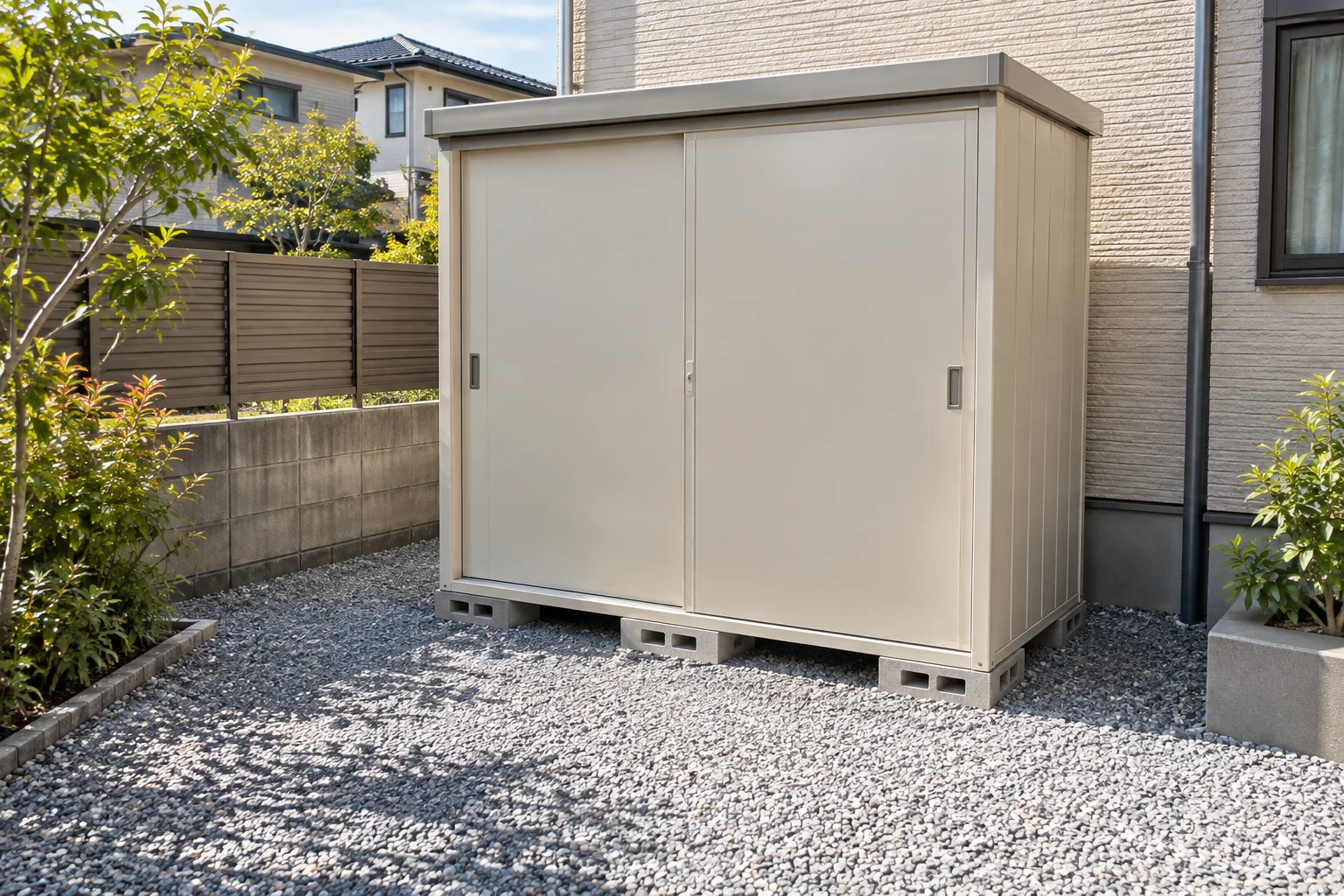 住宅の外壁から少し離し、砂利の上にコンクリートブロックの基礎を並べて据えたスチール製の物置