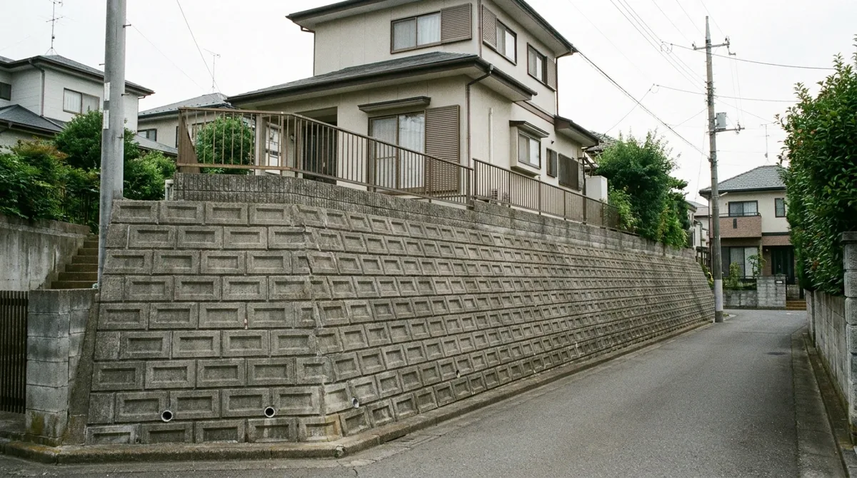 住宅地の高低差を支える間知ブロック積みの擁壁